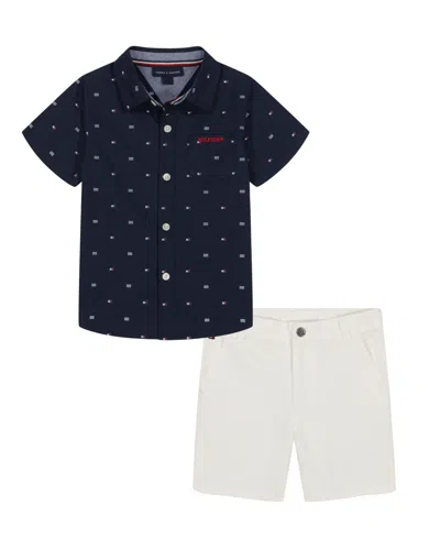 Tommy Hilfiger Toddler Boys 2-piece Short Sleeve Logo Print Poplin Shirt And Twill Shorts Sets In Navy Blazer,bright White