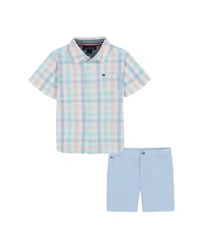 Tommy Hilfiger Babies' Toddler Boys 2-piece Short Sleeve Seersucker Plaid Shirt And Oxford Shorts Set In Plaid,light Blue