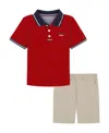 Tommy Hilfiger Toddler Boys 2-piece Signature Colorblock Polo Shirt And Twill Shorts Set In Tommy Red,navy Blazer,plaza Taupe