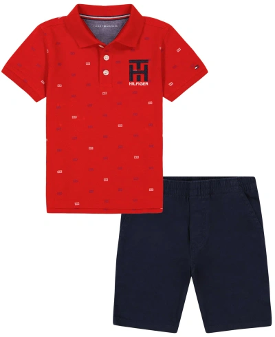Tommy Hilfiger Kids' Toddler Boys Logo-print Polo Shirt And Twill Shorts, 2 Piece Set In Red