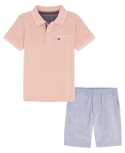 Tommy Hilfiger Kids' Toddler Boys Pink Pique Polo Shirt Prewashed Oxford Shorts In Assorted