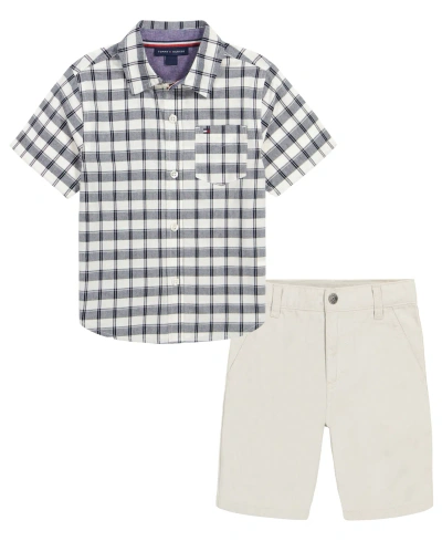 Tommy Hilfiger Kids' Toddler Boys Prewashed Plaid Short Sleeve Shirt And Twill Shorts, 2 Piece Set In Tan