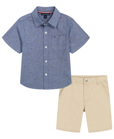 Tommy Hilfiger Kids' Toddler Boys Prewashed Printed Chambray Short Sleeve Shirt And Twill Shorts, 2 Piece Set In Blue