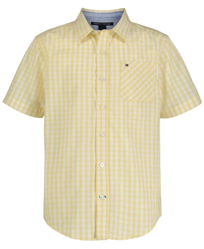 Tommy Hilfiger Kids' Big Boys Short Sleeve Gingham Plaid Shirt In Lemonade