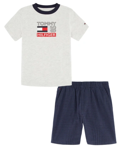 Tommy Hilfiger Kids' Toddler Boys Short Sleeve Heather Logo T-shirt And Plaid Shorts, 2 Piece Set In Navy