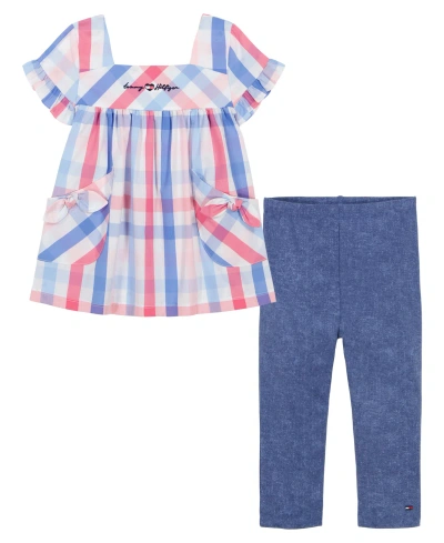 Tommy Hilfiger Babies' Toddler Girls Short Sleeve Plaid A-line Tunic Top And Capri Jeggings, 2 Piece Set In Multi