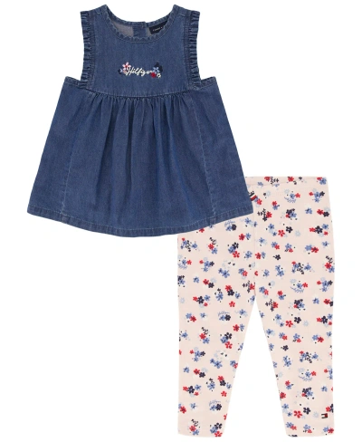Tommy Hilfiger Babies' Toddler Girls Sleeveless Denim Tunic Top And Floral Capri Leggings, 2 Piece Set In Blue