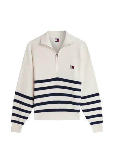Tommy Hilfiger Tommy Badge Striped Quarter-zip Sweater In White