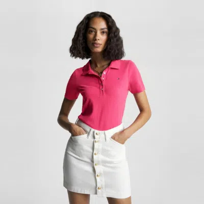 Tommy Hilfiger 女珠地棉简约小绣标五粒扣修身短袖polo衫37823 In Pink