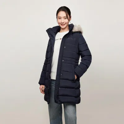 Tommy Hilfiger 女圆章刺绣中长款保暖毛领连帽棉服夹克外套01892 In Blue