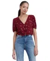 Tommy Hilfiger Tommy Jeans Blouse Womens Mountain Floral Short Sleeve Tie Front Cropped Fts1379 In Burgundy