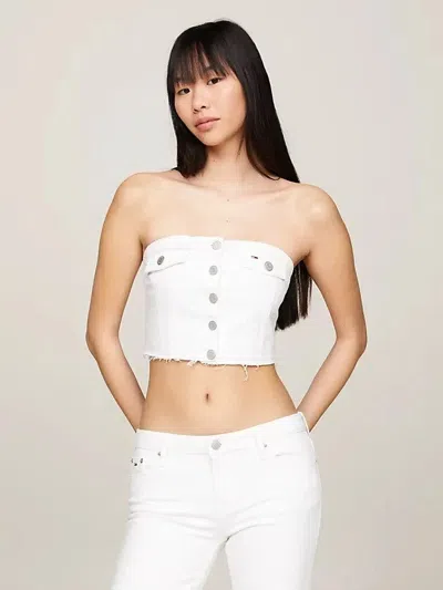 Tommy Hilfiger Tommy Jeans Bustier Top Women White Denim Off The Shoulder Cropped Fts1297