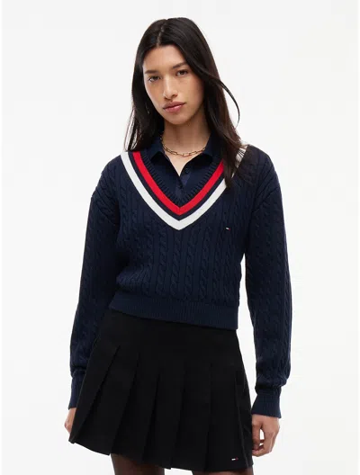 Tommy Hilfiger Tommy Jeans Cable Knit Cricket Sweater In Dark Blue