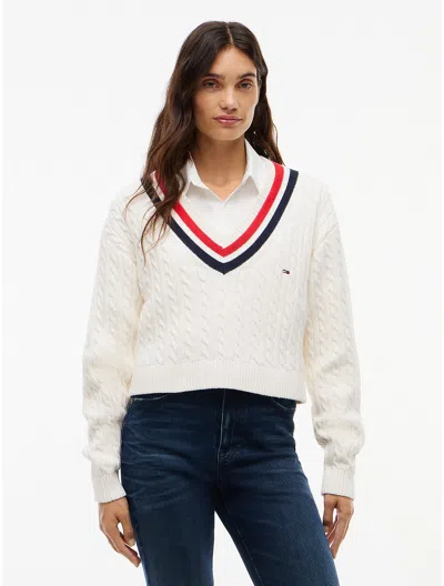 Tommy Hilfiger Tommy Jeans Cable Knit Cricket Sweater In Off White