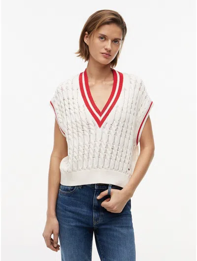 Tommy Hilfiger Cable Knit V-neck Oversized Sweater Vest In Neutral