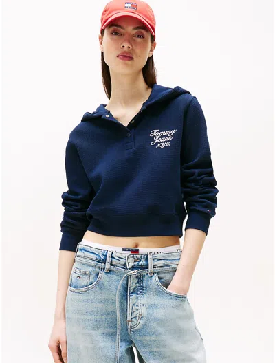 Tommy Hilfiger Tommy Jeans Cropped Henley Hoodie In Blue