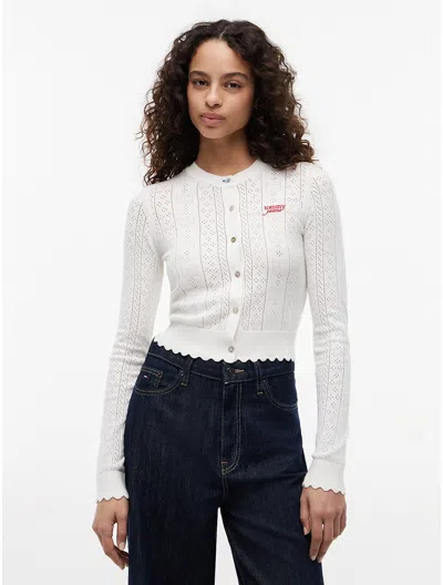 Tommy Hilfiger Tommy Jeans Flag Logo Pointelle Cardigan In Ancient White