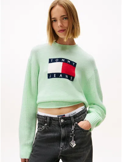 Tommy Hilfiger Tommy Jeans Intarsia Flag Logo Sweater In Green