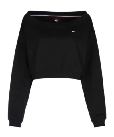 Tommy Hilfiger Tommy Jeans Off-shoulder Cropped Sweatshirt In Black