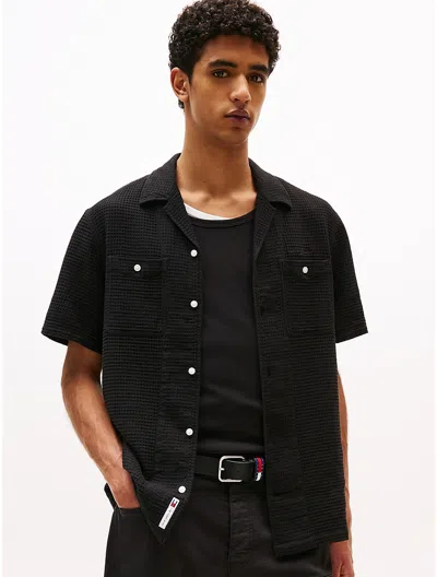 Tommy Hilfiger Tommy Jeans Waffle Knit Camp Shirt In Black