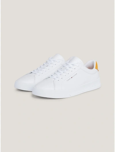Tommy Hilfiger Tommy Logo Leather Cupsole Sneaker In White/rich Ochre