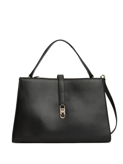 Tommy Hilfiger Polished Monogram Medium Satchel Bag In Black
