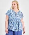 Tommy Hilfiger Top Womens Breeze Multi Floral Pintucked Tie Neck Fts1100 In Blue