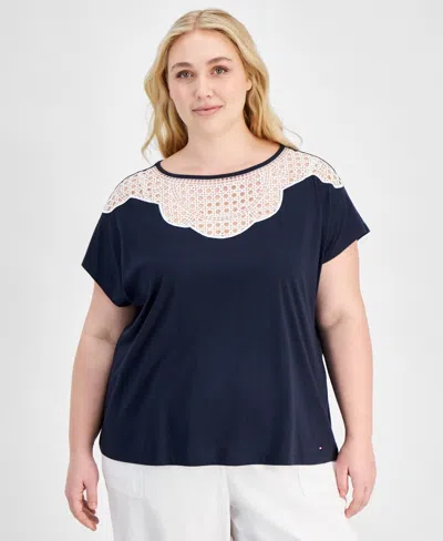 Tommy Hilfiger Top Womens Navy Blue Cotton Lace-bib Extended Sleeve Fts1208