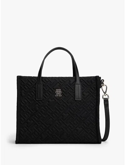 Tommy Hilfiger Topstitch Monogram Nylon Mini Tote Bag In Black