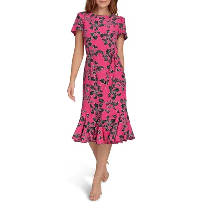 Tommy Hilfiger Trumpet Hem Midi Dress In Hot Pnk Multi