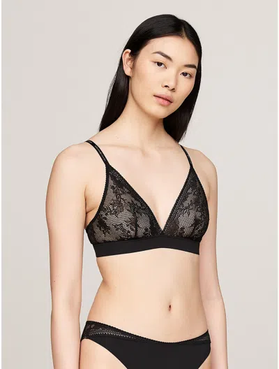 Tommy Hilfiger Unlined Knit Lace Triangle Bra In Black
