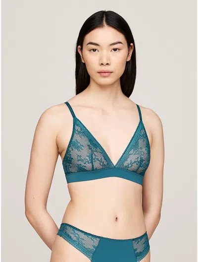 Tommy Hilfiger Unlined Knit Lace Triangle Bra In Midnight Turquoise