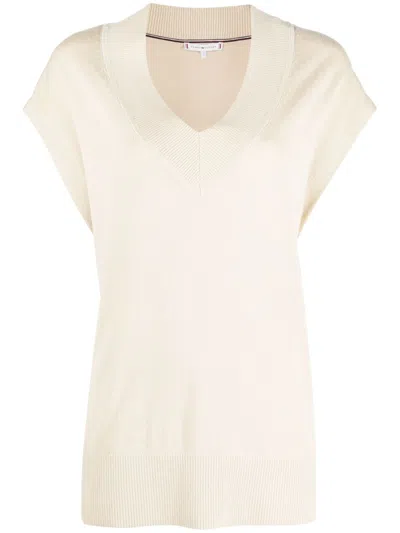 Tommy Hilfiger V-neck Cotton-lyocell Blend Top In Neutrals