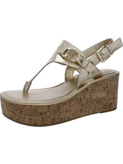 Tommy Hilfiger Vani Womens Faux Leather Platform Wedge Sandals In Gold
