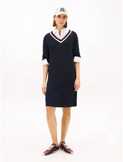 Tommy Hilfiger Varsity Stripe Cable Knit Sweater Dress In Blue