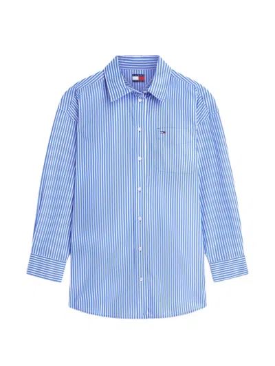 Tommy Hilfiger Vertical-stripe Logo-patch Oversized Shirt In Blue