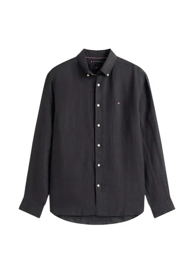 Tommy Hilfiger Washed Effect Embroidered-logo Shirt In Black