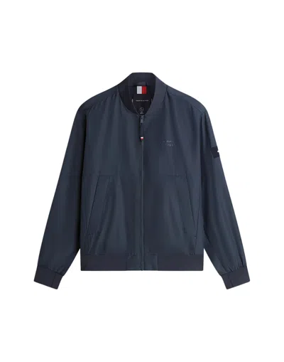 Tommy Hilfiger Water-resistant Navy Bomber Jacket With Baseball Collar And Storm Flap In Blue