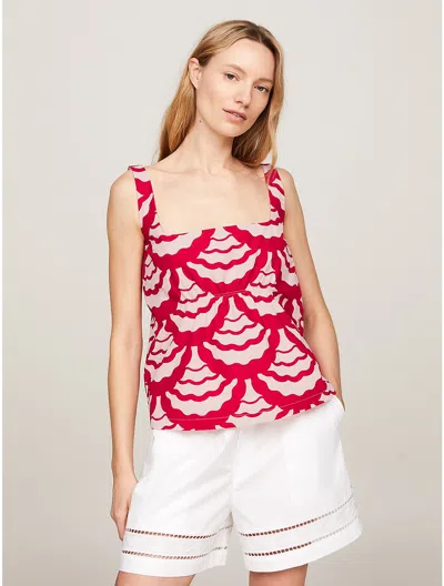 Tommy Hilfiger Wave Print Gathered Sleeveless Top In Exploded Vasity Seal/ Primary Red