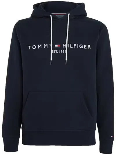 Tommy Hilfiger Embroidered Flag Logo Hoodie In Black In Navy