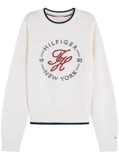 Tommy Hilfiger White Knit Embroidered Cropped Sweater