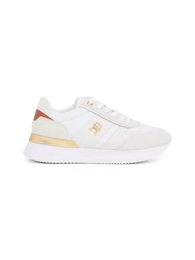 Tommy Hilfiger White Leather Sneakers With Suede Details And Gold Accents In Beige Chiari E Naturali