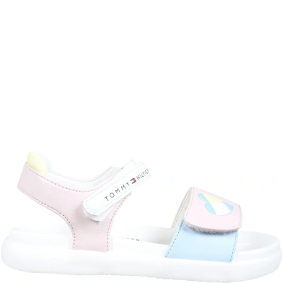 Tommy Hilfiger Kids' White Sandals For Girl With Logo And Heart In Pink