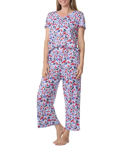 Tommy Hilfiger Women's 2-pc. Short-sleeve T-shirt & Wide-leg Cropped Pants Pajama Set In Floral Sweet Blue