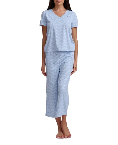 Tommy Hilfiger Women's 2-pc. Short-sleeve T-shirt & Wide-leg Cropped Pants Pajama Set In Blue
