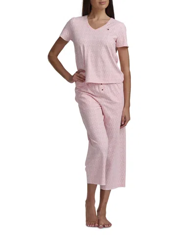 Tommy Hilfiger Women's 2-pc. Short-sleeve T-shirt & Wide-leg Cropped Pants Pajama Set In Pink