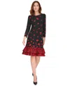 Tommy Hilfiger Women's 3/4-sleeve Flounce-hem Dress In Black,scarlet