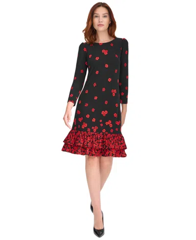 Tommy Hilfiger Women's 3/4-sleeve Flounce-hem Dress In Black,scarlet