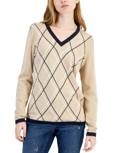 Tommy Hilfiger Women's Argyle V-neck Sweater In Med Brown