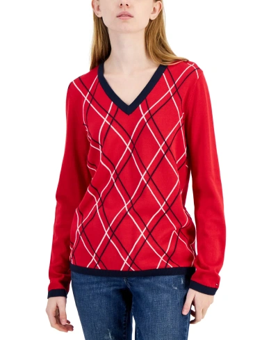 Tommy Hilfiger Women's Argyle V-neck Sweater In Medium Red